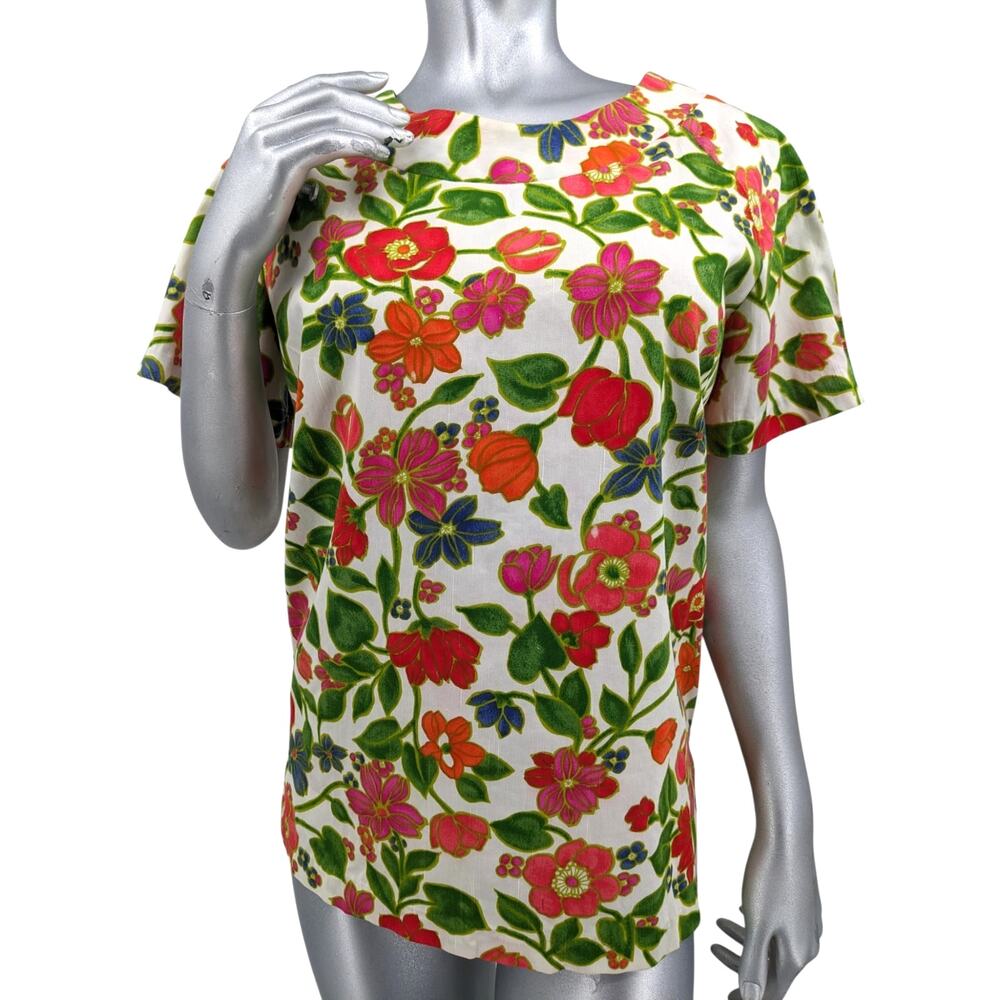 Vintage 1960's HAWAIIAN FLORAL SHIRT Top Cotton Sateen Neon Bright Fitted Darts